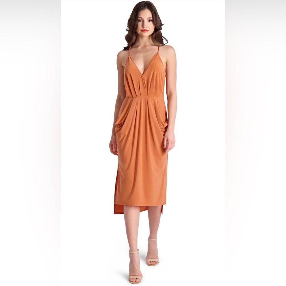 BCBG blue sleeveless draped mini dress with front pockets